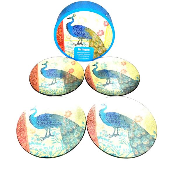 Pier 1 Imports Peacock Plates Appetizer Plates Glass Shimmer Foil Plates Set 4 - Picture 1 of 11